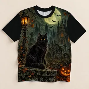 Moonlit Black Cat Graveyard Scene for Halloween Nights and Dark Autumn Style All-over Print Unisex T-shirt