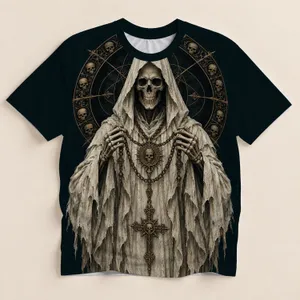 Hooded Skeleton and Antique Bronze Emblem for Gothic Nightlife and Dark Style All-over Print Unisex T-shirt
