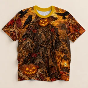 Pumpkin Scarecrow and Ravens for Halloween Night and Autumn Harvest Celebrations All-over Print Unisex T-shirt