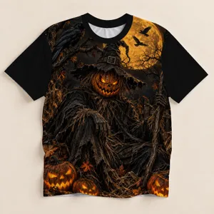 Scarecrow, Raven And Pumpkin Moon Scene For Halloween Night Celebrations All-over Print Unisex T-shirt