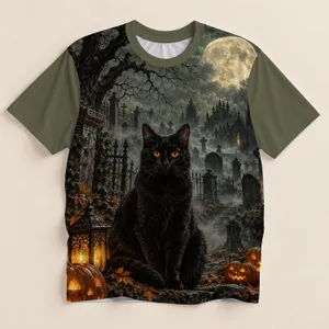 Moonlit Black Cat Cemetery Scene for Halloween Nights and Autumn Gatherings, Unisex All-over Print Unisex T-shirt