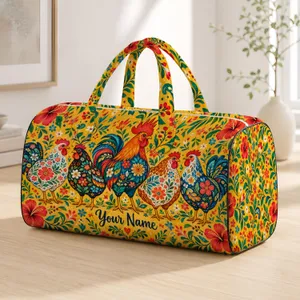 Colorful Folk Art Chickens for Sunny Beach Trips and Relaxed Weekend Getaways Quilted Weekend Bag