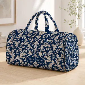 Navy Ivory Baroque Swirls for Weekend Getaways and Everyday Travel for Her or Him Quilted Weekend Bag
