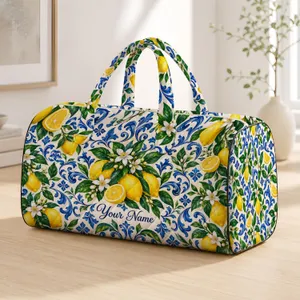 Sunny Lemon Citrus And Blue Baroque Flourishes For Relaxed Coastal Holiday Escapes Quilted Weekend Bag