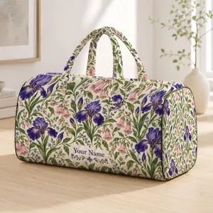Purple Iris and Pink Bellflower Botanicals for Garden Getaways and Relaxed Weekend Travel Quilted Weekend Bag