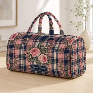 Blush Pink Navy Plaid and Roses for Weekend Travel and Romantic Getaway Escapes Quilted Weekend Bag