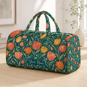 Coral Tulip Garden With Coastal Teal Foliage For Sunny Beach Days And Summer Getaways Quilted Weekend Bag