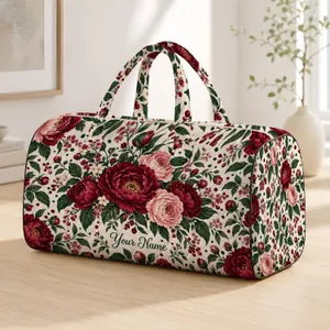 Burgundy Peonies and Emerald Dots for Coastal Getaways and Relaxed Weekend Escapes Quilted Weekend Bag