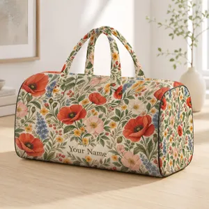 Vintage Coral Wildflowers and Olive Leaves for Beach Holidays and Relaxed Summer Travel Quilted Weekend Bag