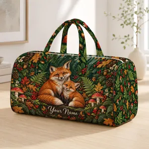Woodland Foxes, Mushrooms And Autumn Leaves For Cozy Weekend Getaways, Nature Lovers Quilted Weekend Bag