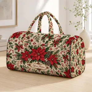 Poinsettia Candy Canes and Evergreen Sprigs for Festive Holiday Travel and Getaways Quilted Weekend Bag