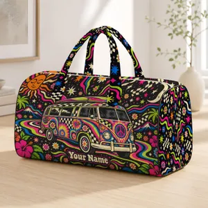 Psychedelic Camper Van Neon Colors for Festival Travel and Weekend Adventures Quilted Weekend Bag