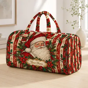 Vintage Santa Holly And Candy Stripes For Cozy Christmas Holiday Getaways Quilted Weekend Bag