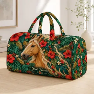 Palomino Horse with Tropical Hibiscus and Leaf Mane for Relaxed Island Travel Escapes Quilted Weekend Bag