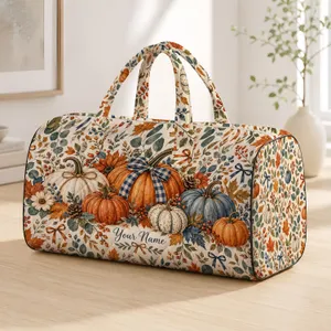 Watercolor Autumn Pumpkins Sage Foliage and Fine Bows for Cozy Seasonal Getaways Quilted Weekend Bag
