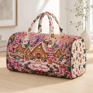 Pink Gingerbread Village and Snowy Trees for Cozy Christmas Getaways Quilted Weekend Bag