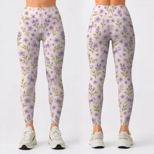 Lavender Bows And Tiny Blossoms For Spring Yoga And Everyday Wear Leggings