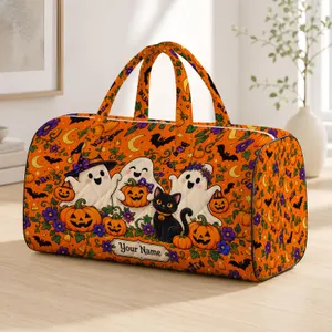 Cute Ghosts, Black Cat And Pumpkins For Cozy Halloween Travel And Autumn Getaways Quilted Weekend Bag