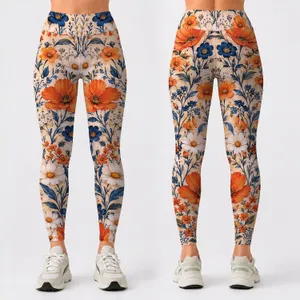 Peach and Navy Wildflower Blooms for Yoga, Pilates and Everyday Wellness for Women Leggings