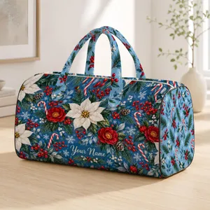 Winter Blue Poinsettia And Candy Cane Motifs For Holiday Travel And Cozy Getaways Quilted Weekend Bag