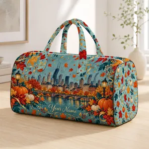 Autumn Maple Leaves, Pumpkins and City Skyline for Cozy Weekend Fall Getaways Quilted Weekend Bag