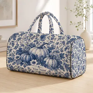 Blue-and-White Toile Pumpkins and Vines for Autumn Getaways and Cozy Fall Travel Quilted Weekend Bag