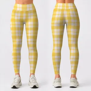 Yellow And White Gingham Checks For Yoga Pilates And Bright Everyday Outfits Leggings