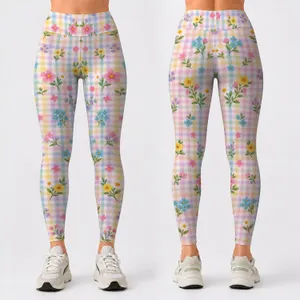 Pastel Gingham With Tiny Daisies For Yoga, Pilates, And Everyday Errands For Women Leggings