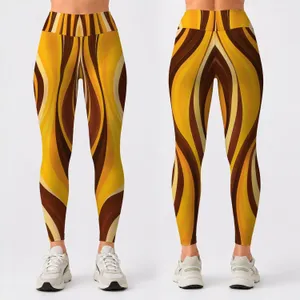 Yellow Brown Vertical Stripes for Yoga Pilates Commuting and Everyday Style Leggings
