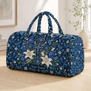 Botanical Cross and Blue Lilies for Peaceful Weekend Getaways and Garden Retreats Quilted Weekend Bag
