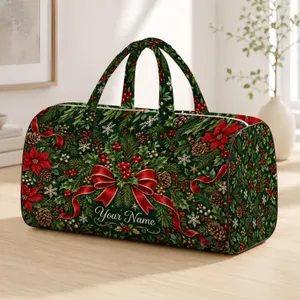 Holiday Holly, Pine and Scarlet Bows for Festive Winter Getaways and Christmas Travel Quilted Weekend Bag