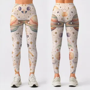Pastel Planet and Crescent Moon Motifs for Yoga, Pilates and Relaxed Everyday Wear Leggings