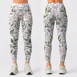 Sage Green Eucalyptus Berry Botanical Yoga Style for Pilates and Everyday Wellness Leggings