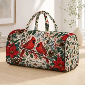 Winter Cardinals, Holly and Pinecones for Cozy Cabin Seasonal Holiday Travel Getaways Quilted Weekend Bag
