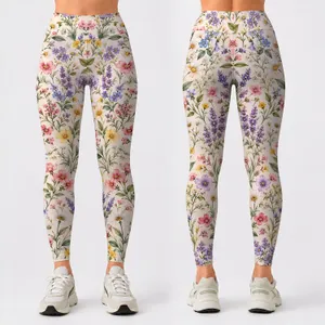 Ivory Wildflower Sprigs for Yoga, Pilates, and Everyday Spring Comfort Wear for Women Leggings