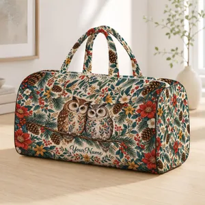 Colorful Owl Couple with Pinecones and Winter Florals for Cozy Nature-Loving Getaways Quilted Weekend Bag