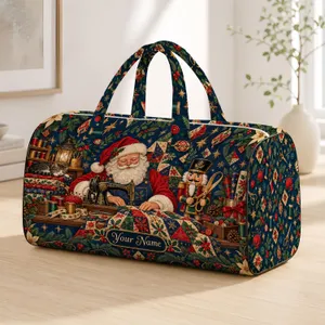 Santa Tailor Workshop Christmas Sewing Scene for Festive Holiday Travel and Craft Lovers Quilted Weekend Bag