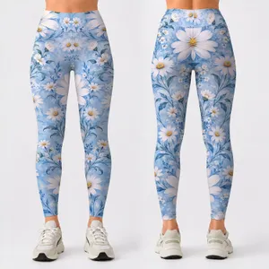 Powder Blue Daisy Florals for Yoga, Pilates and Everyday Spring Style Leggings