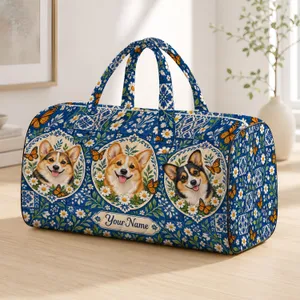 Corgi Portraits, Orange Butterflies and Daisies for Cheerful Weekend Getaways and Travel Quilted Weekend Bag