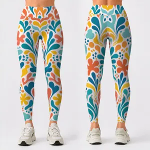 Teal Coral Yellow Abstract Shapes for Yoga Pilates and Bright Everyday Activewear Style Leggings