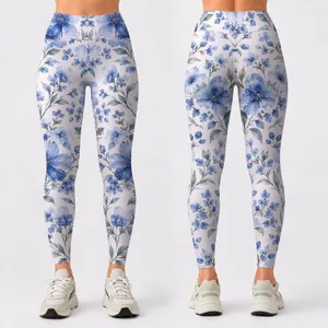 Blue Watercolor Blossoms for Yoga, Pilates and Relaxed Everyday Studio-to-Street Style Leggings