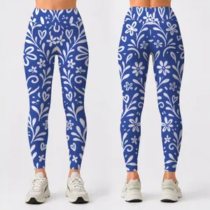 Cobalt Blue and White Doodle Motifs for Yoga, Pilates and Everyday Activewear Women Leggings