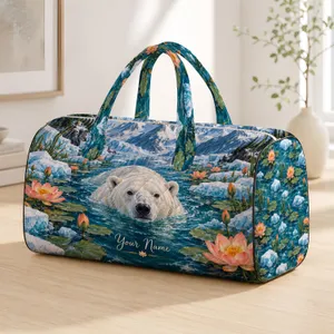 Swimming Polar Bear Lotus Lake Scene for Winter Travel and Nature-Loving Adventurers Quilted Weekend Bag
