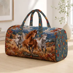 Three Running Horses in Autumn Fields for Scenic Fall Travel and Weekend Getaways Quilted Weekend Bag
