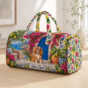 Mediterranean Lemon Courtyard and Spaniel for Relaxed Coastal Summer Travel Getaways Quilted Weekend Bag