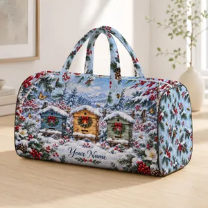 Snowy Beehives, Golden Bees and Red Berries for Cozy Winter Travel and Nature Lovers Quilted Weekend Bag