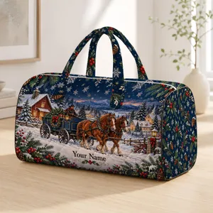 Rustic Blue Horse-Drawn Winter Wagon Through Snowy Pines for Cozy Holiday Travel Quilted Weekend Bag