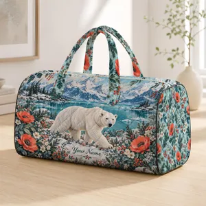 Polar Bear Amid Coral Arctic Wildflowers for Peaceful Winter Getaways and Nature Lovers Quilted Weekend Bag