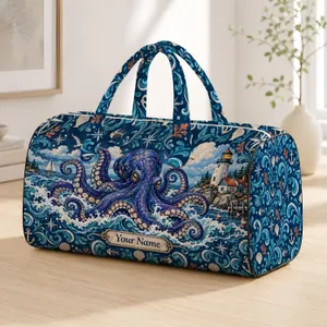 Octopus Lighthouse Coastal Scene for Summer Beach Escapes and Seaside Travel Lovers Quilted Weekend Bag