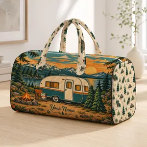 Vintage Camper and Pine Trees for Road Trips, Campsites and Relaxed Outdoor Getaways Quilted Weekend Bag